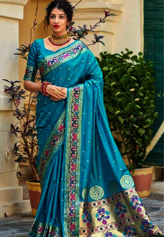 Teal blue pure silk saree with designer border and matching blouse (unstitched)