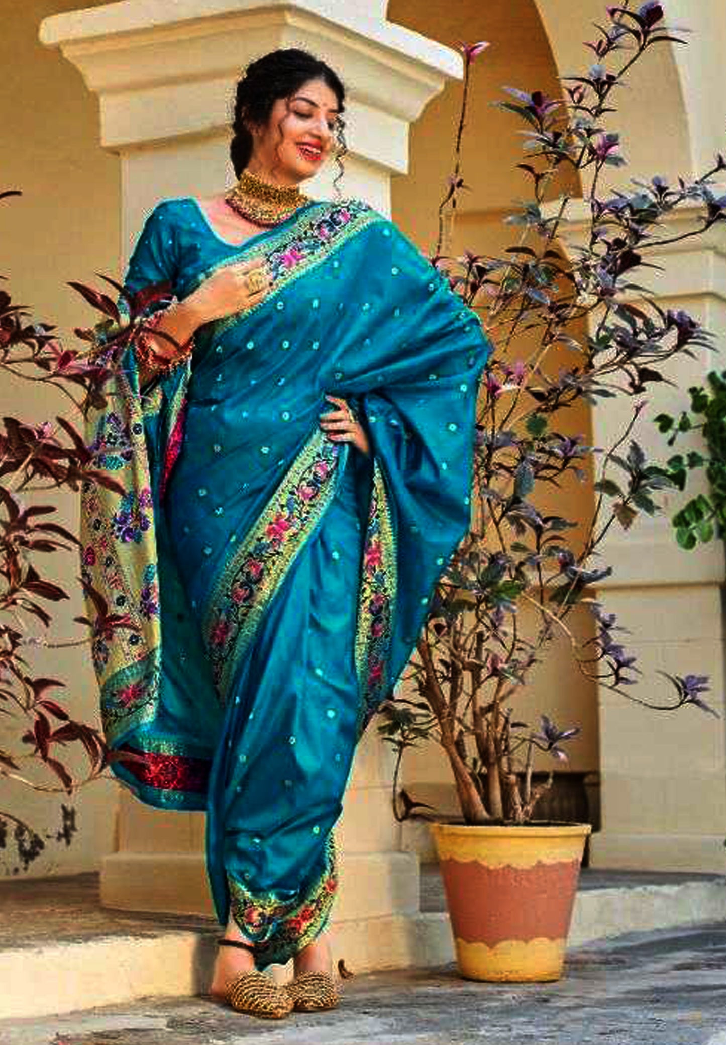 Teal blue pure silk saree with designer border and matching blouse (unstitched)