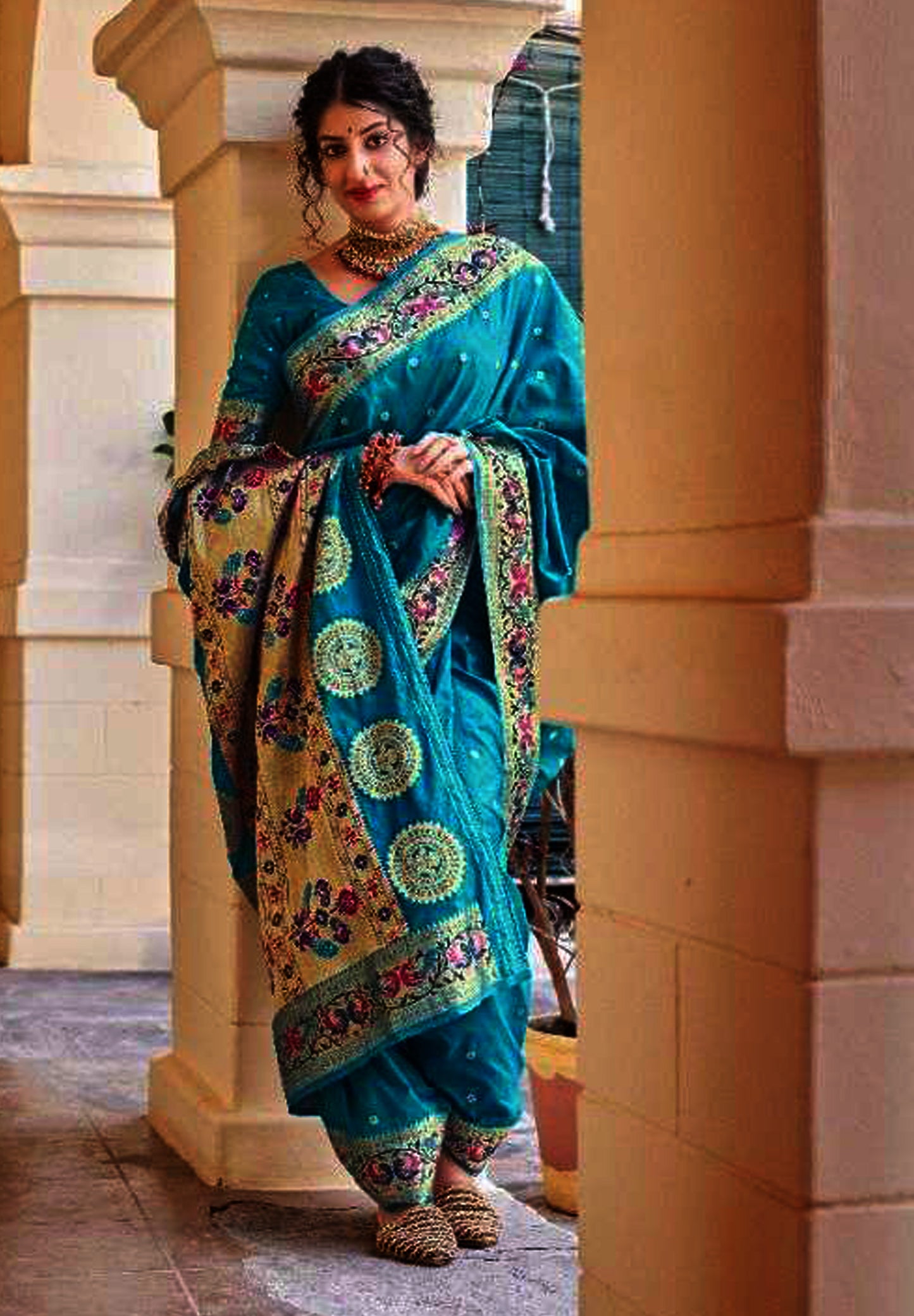 Teal blue pure silk saree with designer border and matching blouse (unstitched)