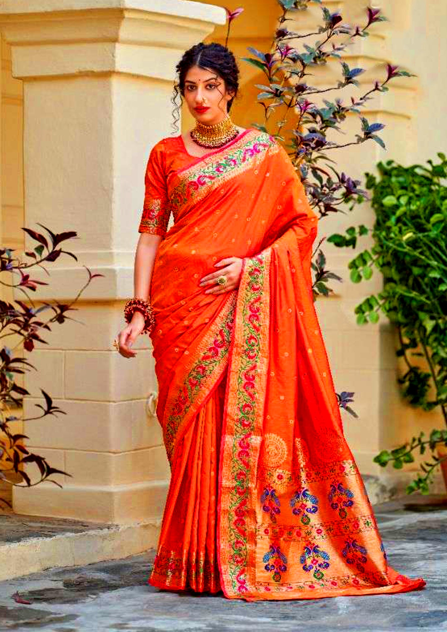 Orange pure silk saree with designer border and matching blouse, (unstitched)