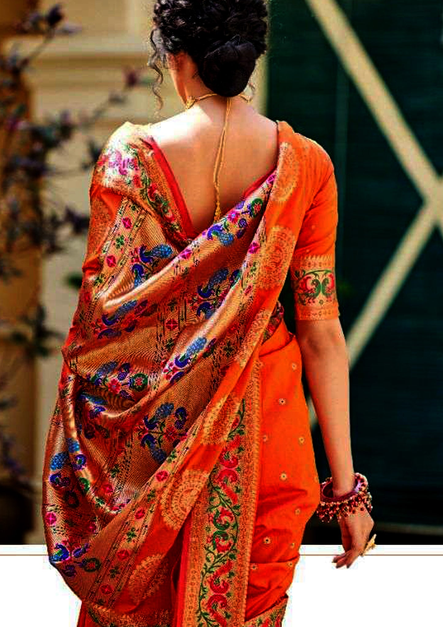 Orange pure silk saree with designer border and matching blouse, (unstitched)