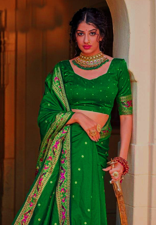 Royal Green pure silk saree with designer border and green blouse (unstitched)