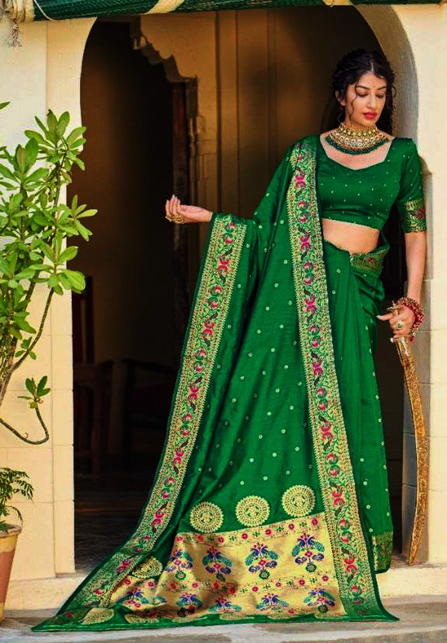 Royal Green pure silk saree with designer border and green blouse (unstitched)