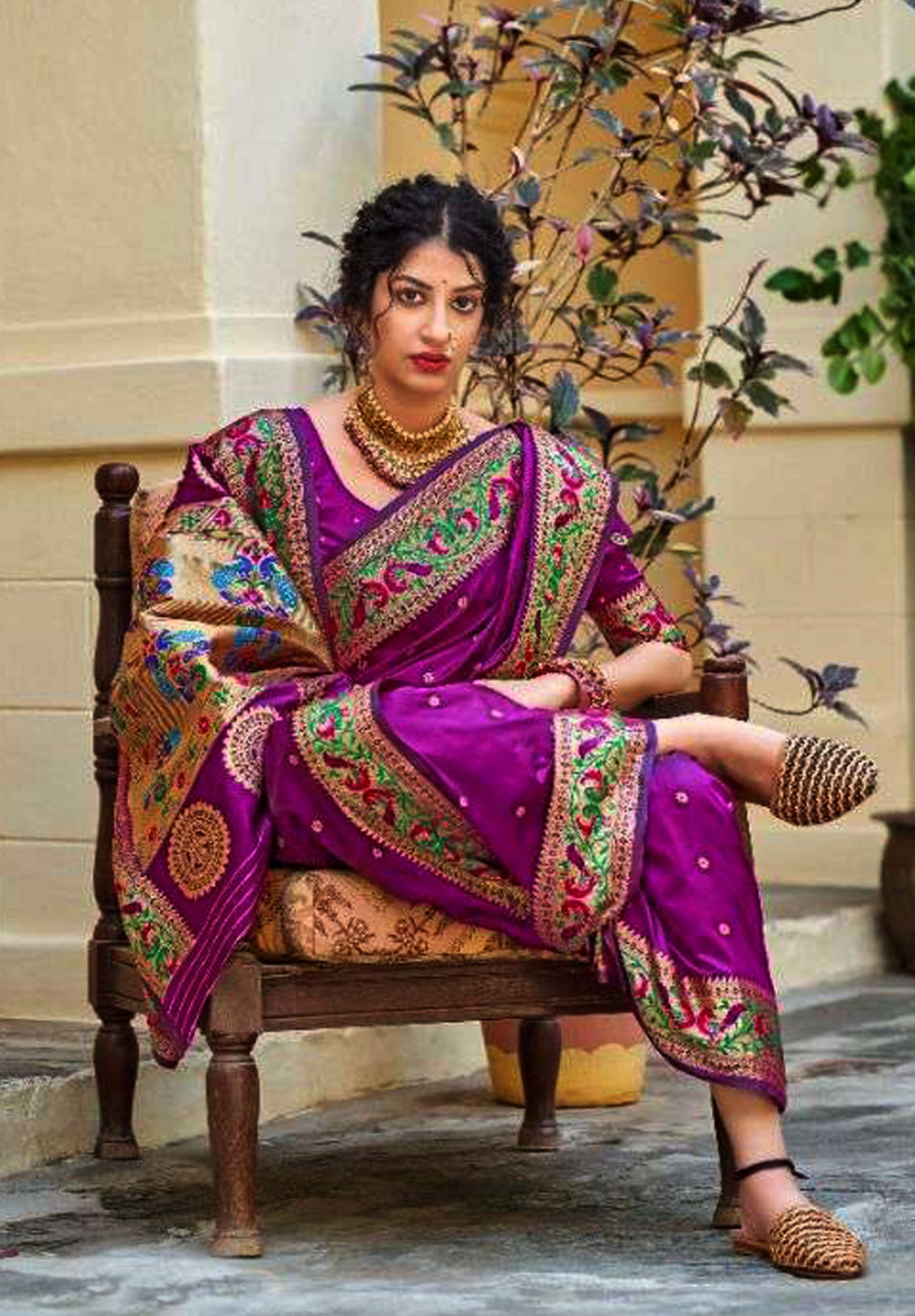 Purple pure silk saree with designer border and matching blouse (unstitched)