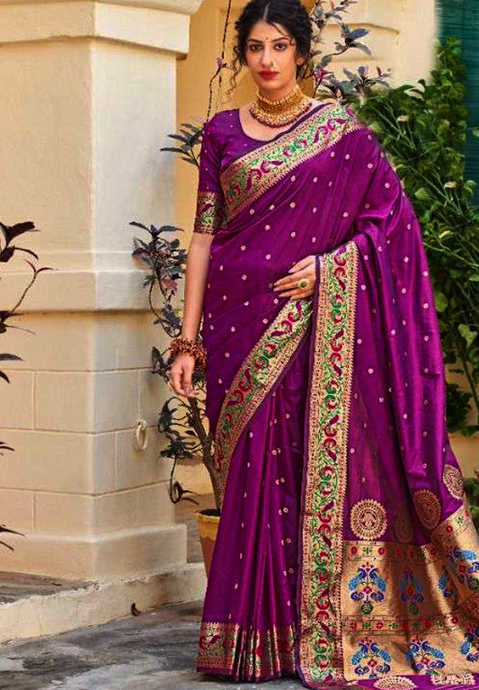 Purple pure silk saree with designer border and matching blouse (unstitched)