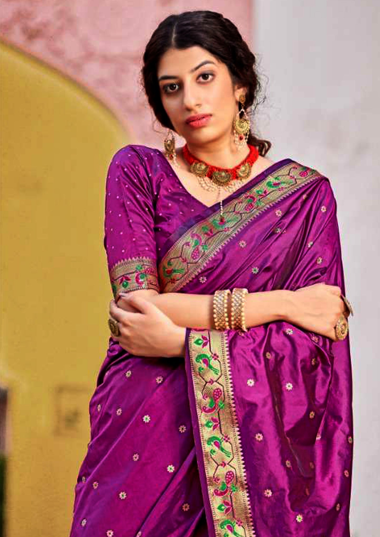 Violet Pure silk saree with Heavy aanchal golden border and matching blouse (unstitched)