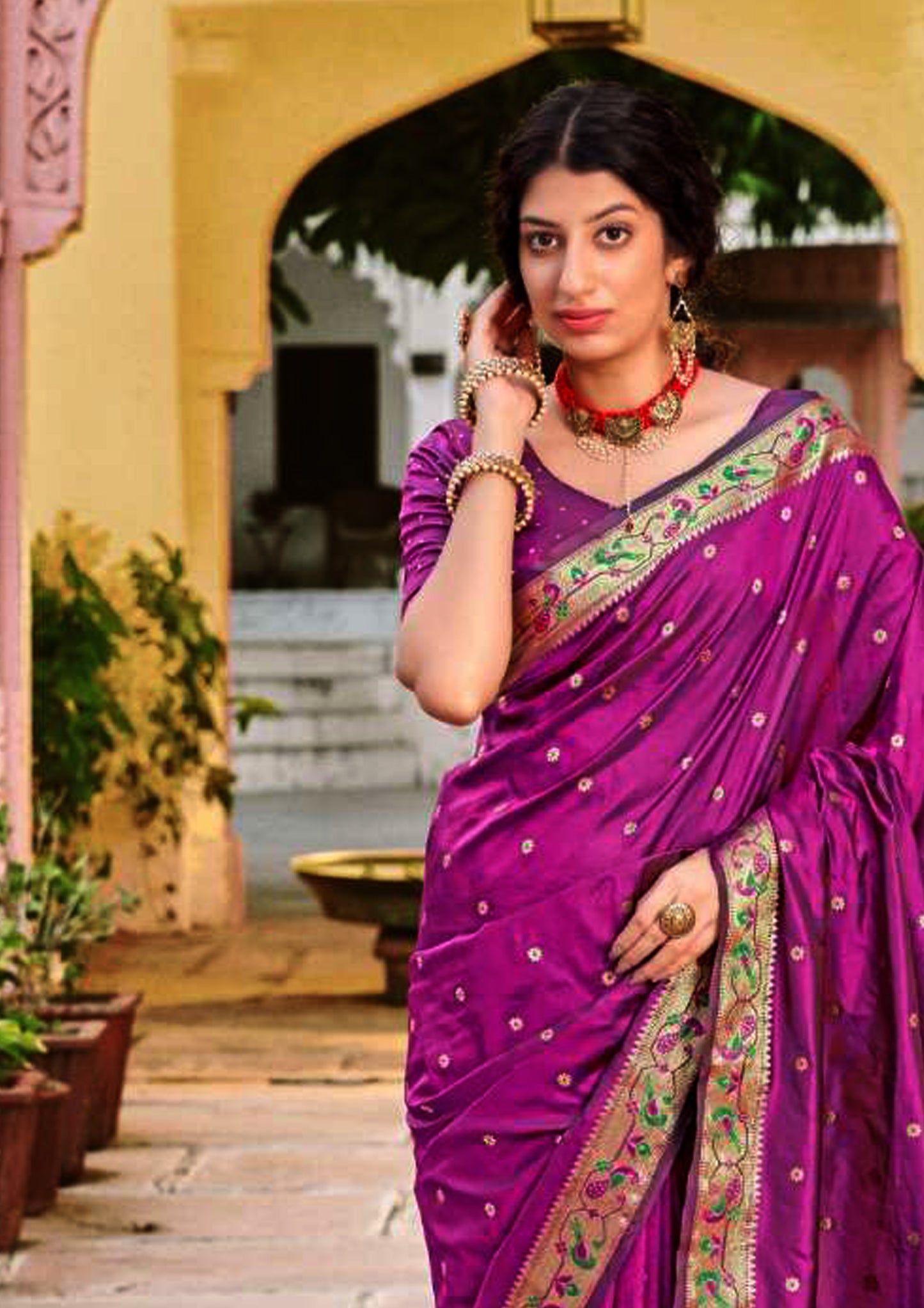 Violet Pure silk saree with Heavy aanchal golden border and matching blouse (unstitched)