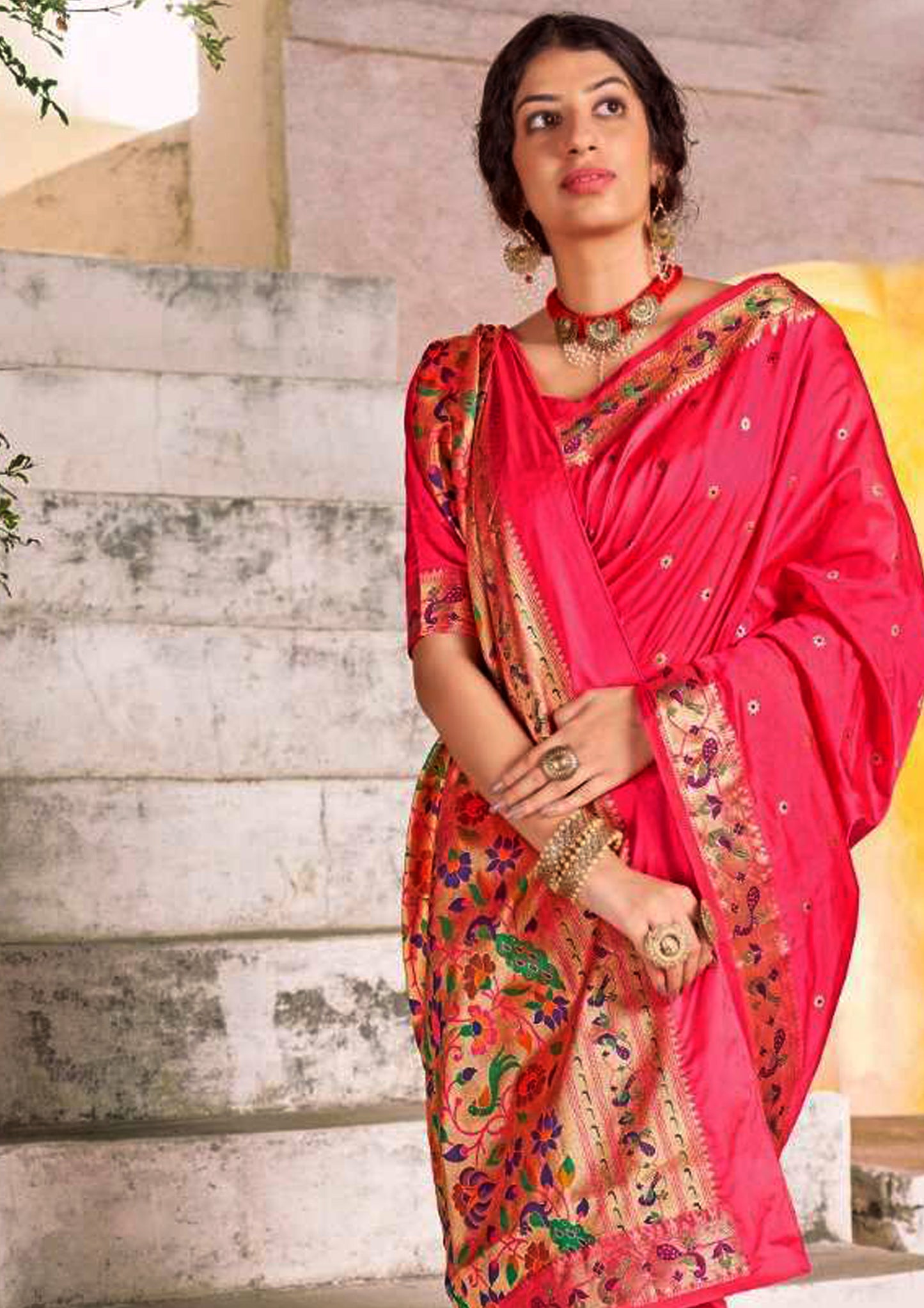 Red pure silk saree with heavy aanchal golden border and matching blouse (unstitched)