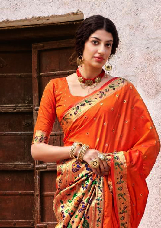 Orange pure silk saree with heavy aanchal golden border (unstitched)