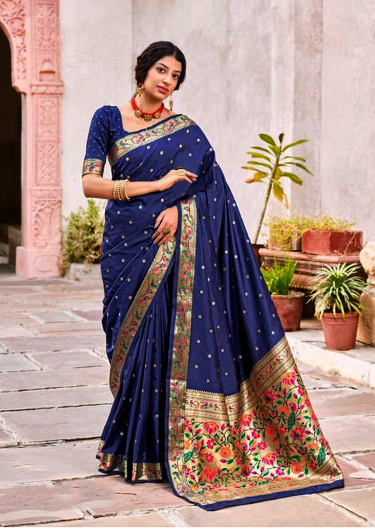 Royal Blue pure silk saree with heavy aanchal golden border and blue colored blouse (unstitched)