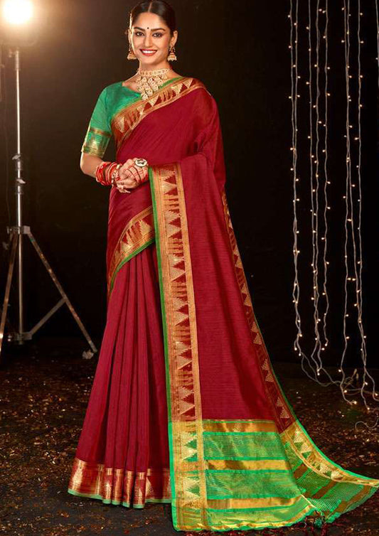 Maroon pure silk saree with green colored blouse (unstitched)