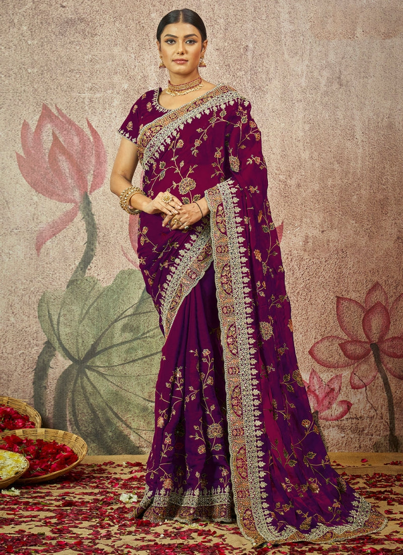 Dark Maroon pure silk saree with heavy aanchal golden border and printed blouse (Unstitched)