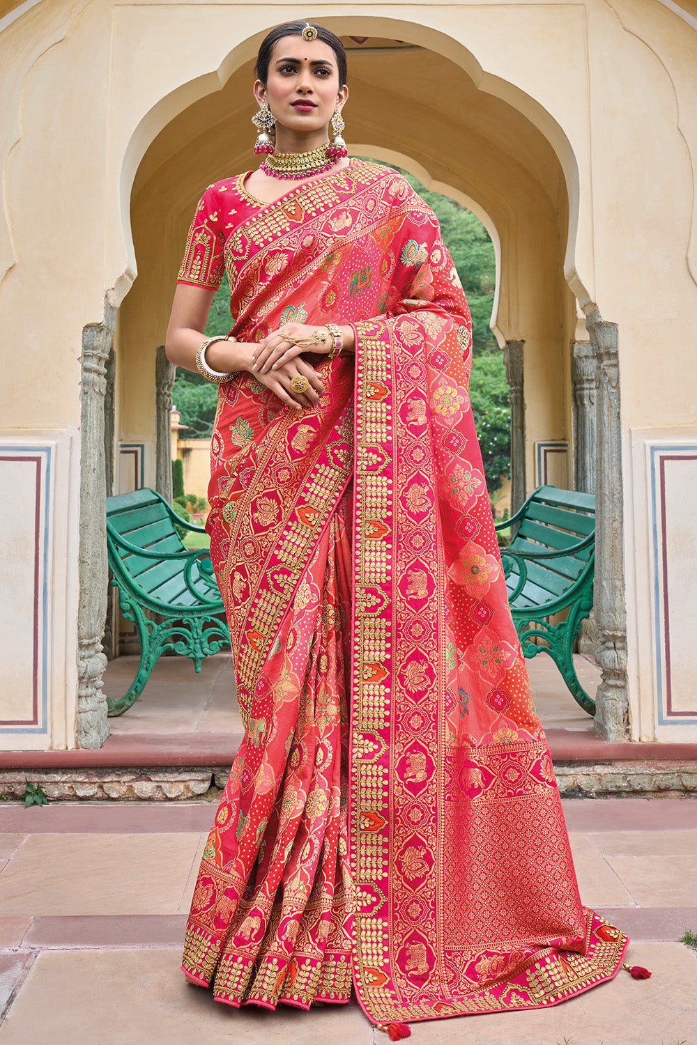 Red pure silk saree with heavy aanchal golden border and printed blouse (Unstitched)