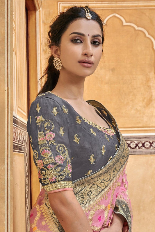 Light Pink pure silk saree with heavy aanchal golden border and printed blouse (Unstitched)