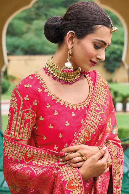 Red pure silk saree with heavy aanchal golden border and printed blouse (Unstitched)