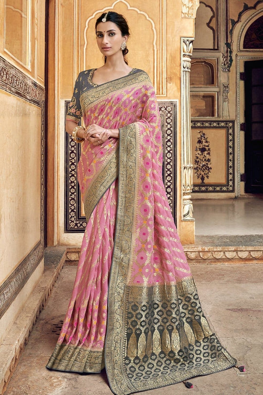 Light Pink pure silk saree with heavy aanchal golden border and printed blouse (Unstitched)