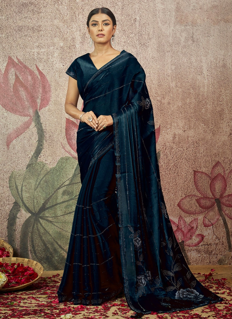 Dark Blue Velvet pure silk saree with heavy aanchal golden border and printed blouse (Unstitched)