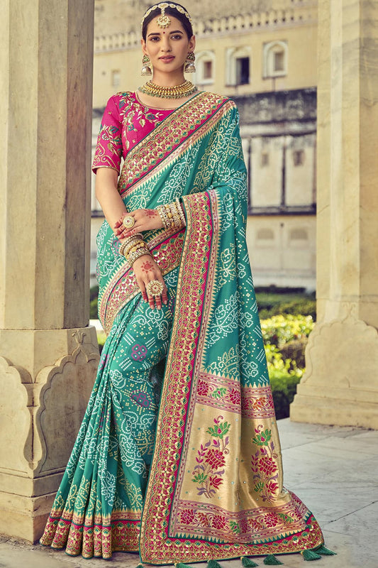 Aquatic Blue pure silk saree with heavy aanchal golden border and printed blouse (Unstitched)