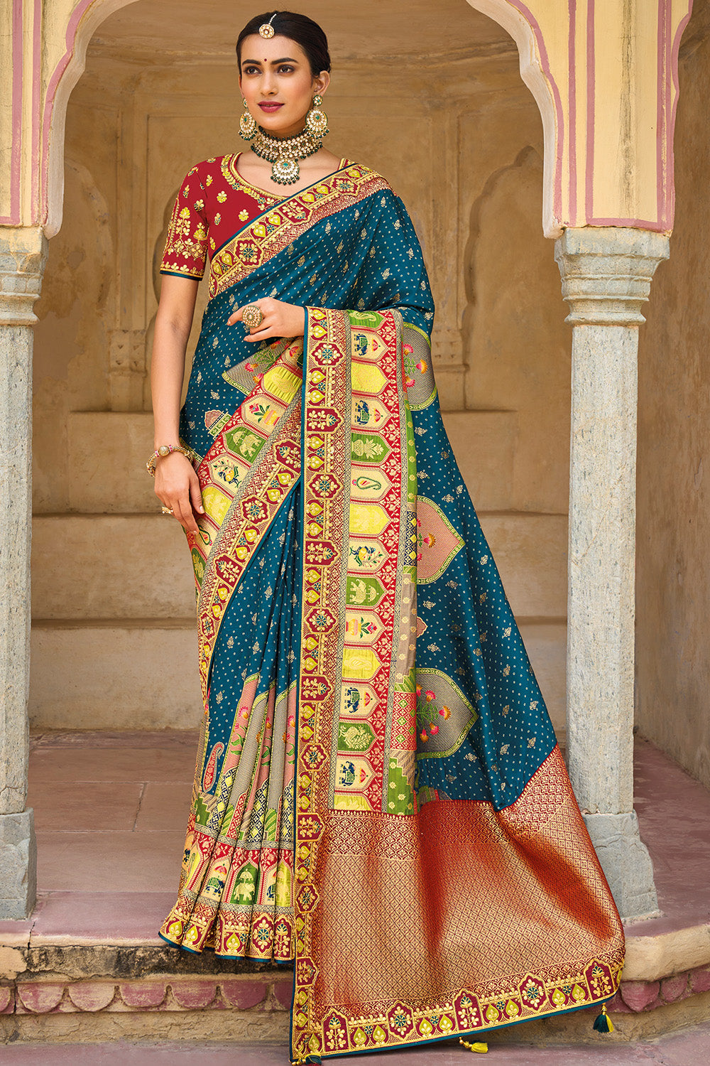 Deep Blue pure silk saree with heavy aanchal golden border and printed blouse (Unstitched)