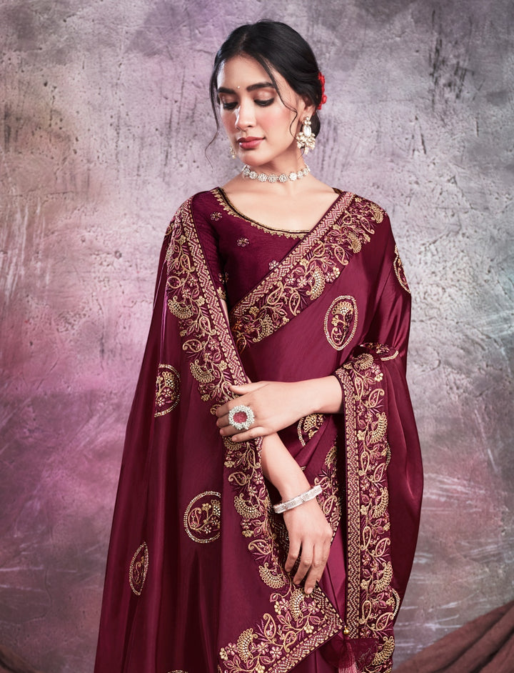 Maroon pure silk saree with heavy aanchal golden border and printed blouse (Unstitched)