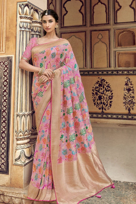 Pink pure silk saree with heavy aanchal golden border and printed blouse (Unstitched)