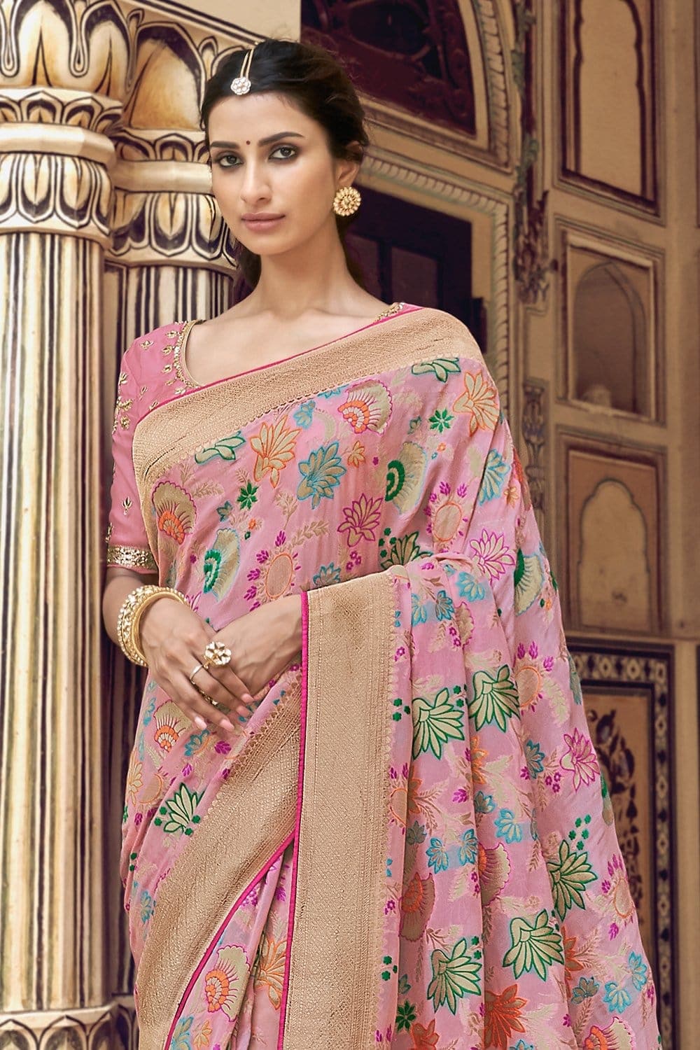 Pink pure silk saree with heavy aanchal golden border and printed blouse (Unstitched)