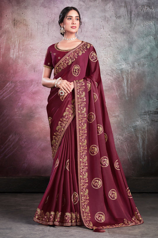 Maroon pure silk saree with heavy aanchal golden border and printed blouse (Unstitched)