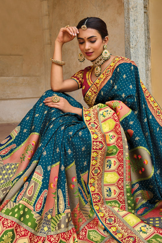 Deep Blue pure silk saree with heavy aanchal golden border and printed blouse (Unstitched)