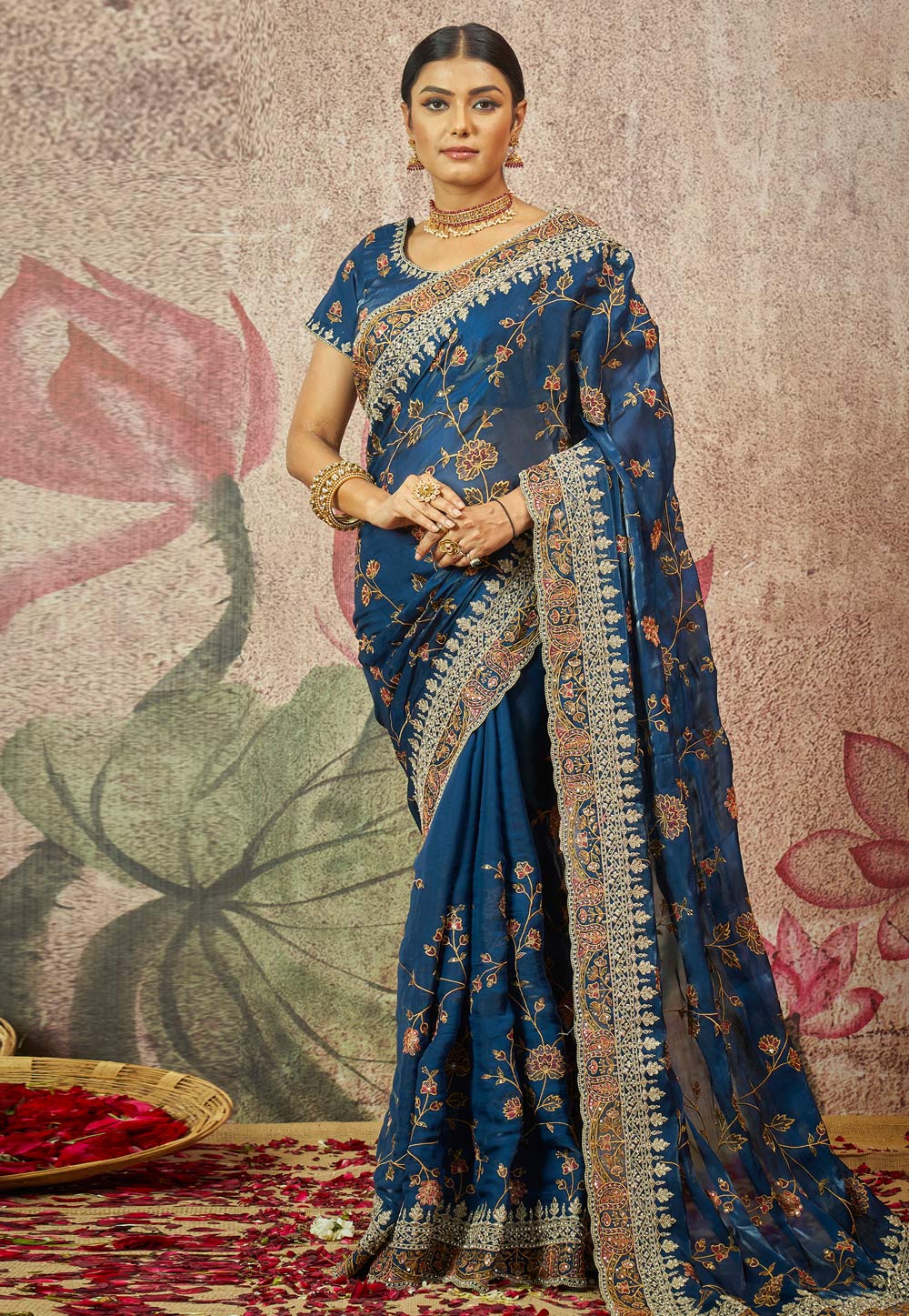 Dark Blue pure silk saree with heavy aanchal golden border and printed blouse (Unstitched)