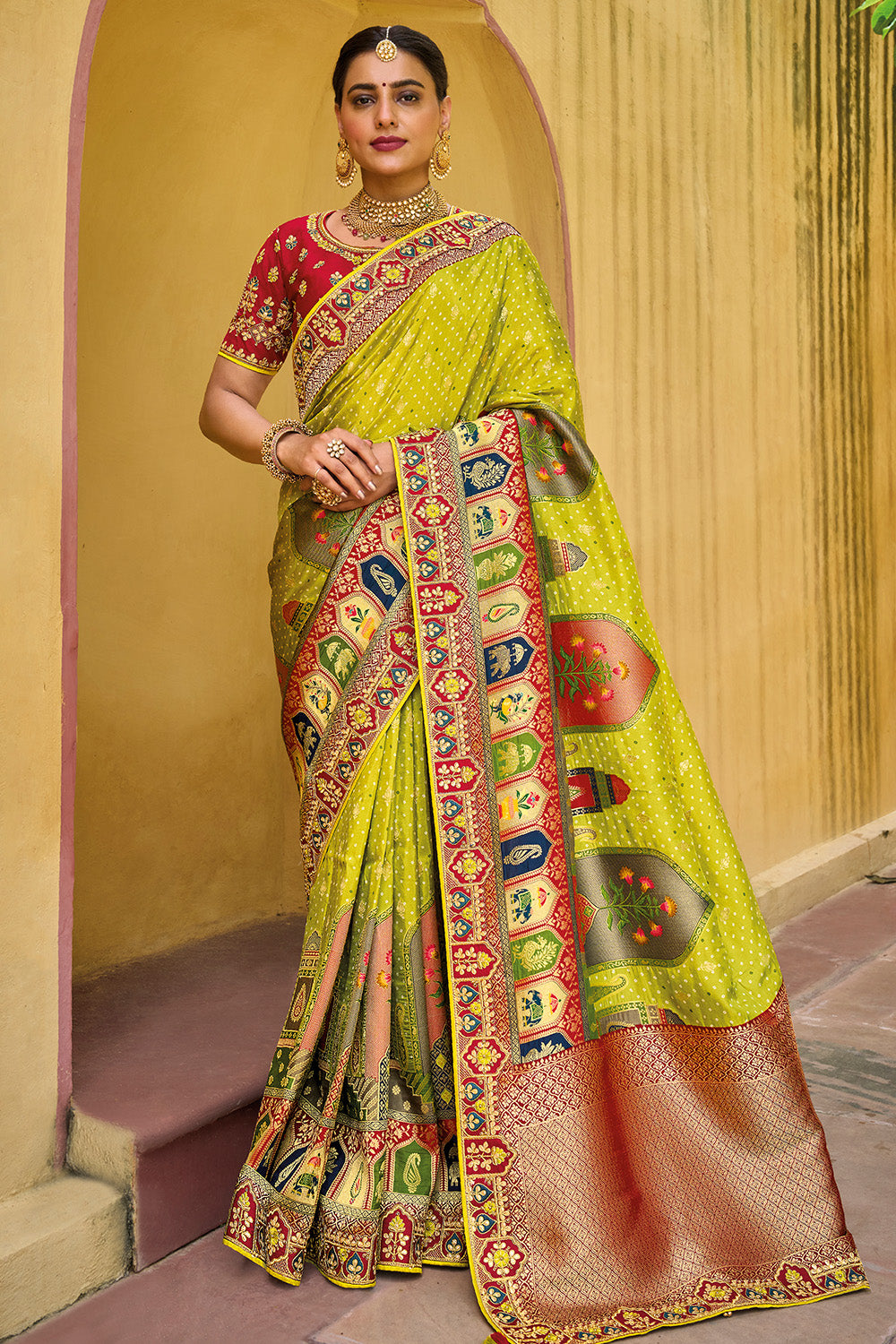 Light Green pure silk saree with heavy aanchal golden border and printed blouse (Unstitched)