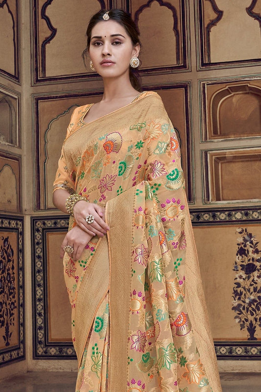 Peach pure silk saree with heavy aanchal golden border and printed blouse (Unstitched)