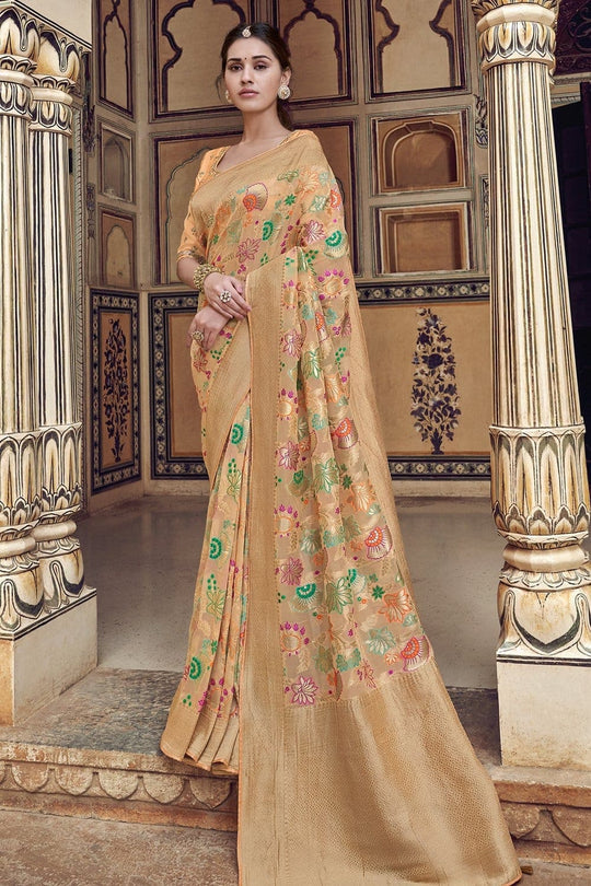 Peach pure silk saree with heavy aanchal golden border and printed blouse (Unstitched)