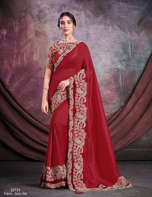 Red pure silk saree with heavy aanchal golden border and printed blouse (Unstitched)