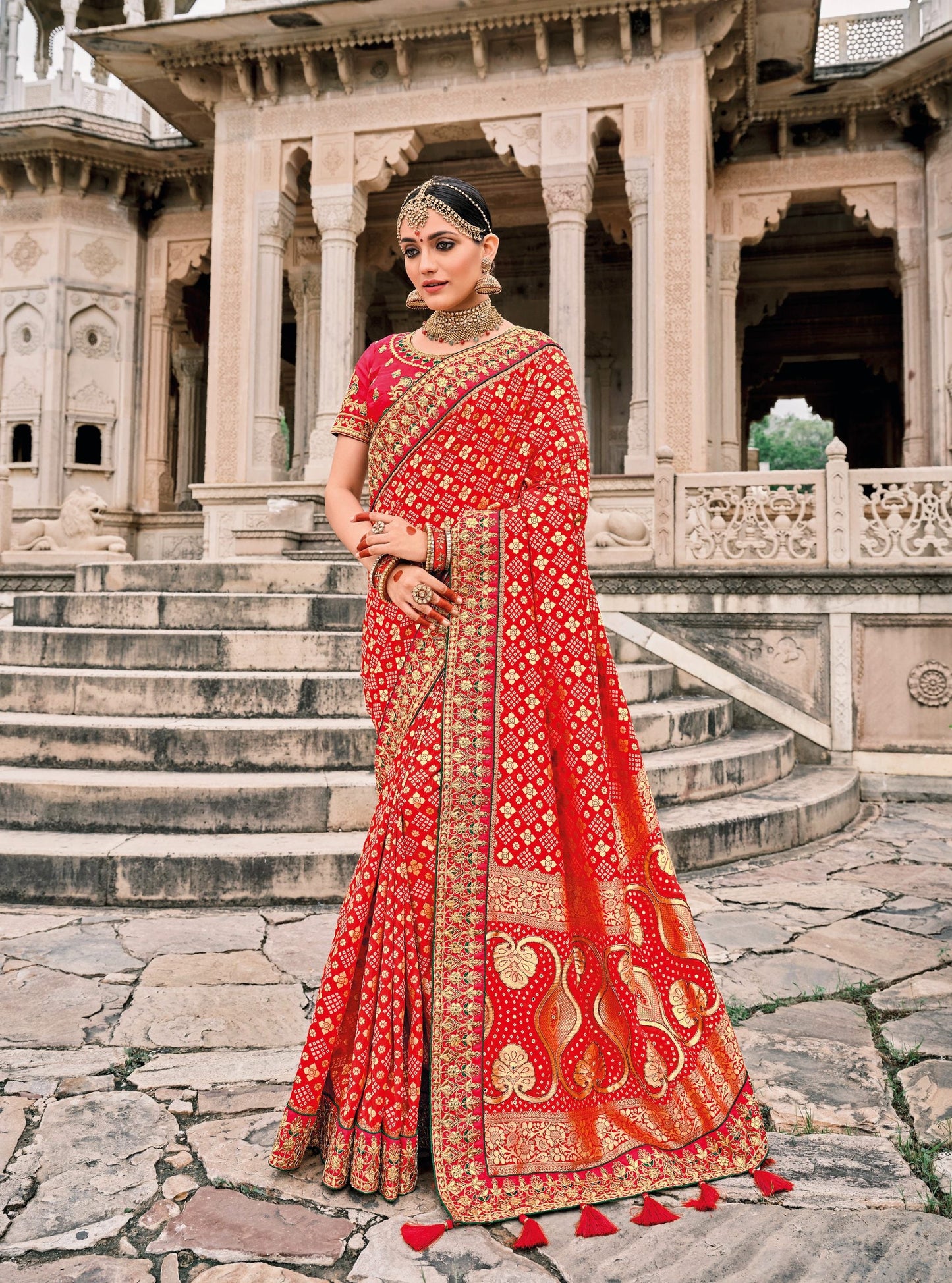 Red Patola pure silk saree with heavy aanchal golden border and printed blouse (Unstitched)