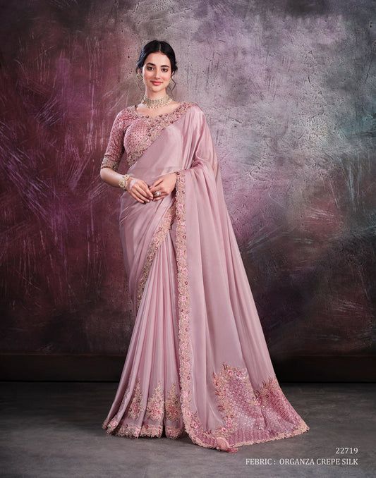 Baby Pink pure silk saree with heavy aanchal golden border and printed blouse (Unstitched)