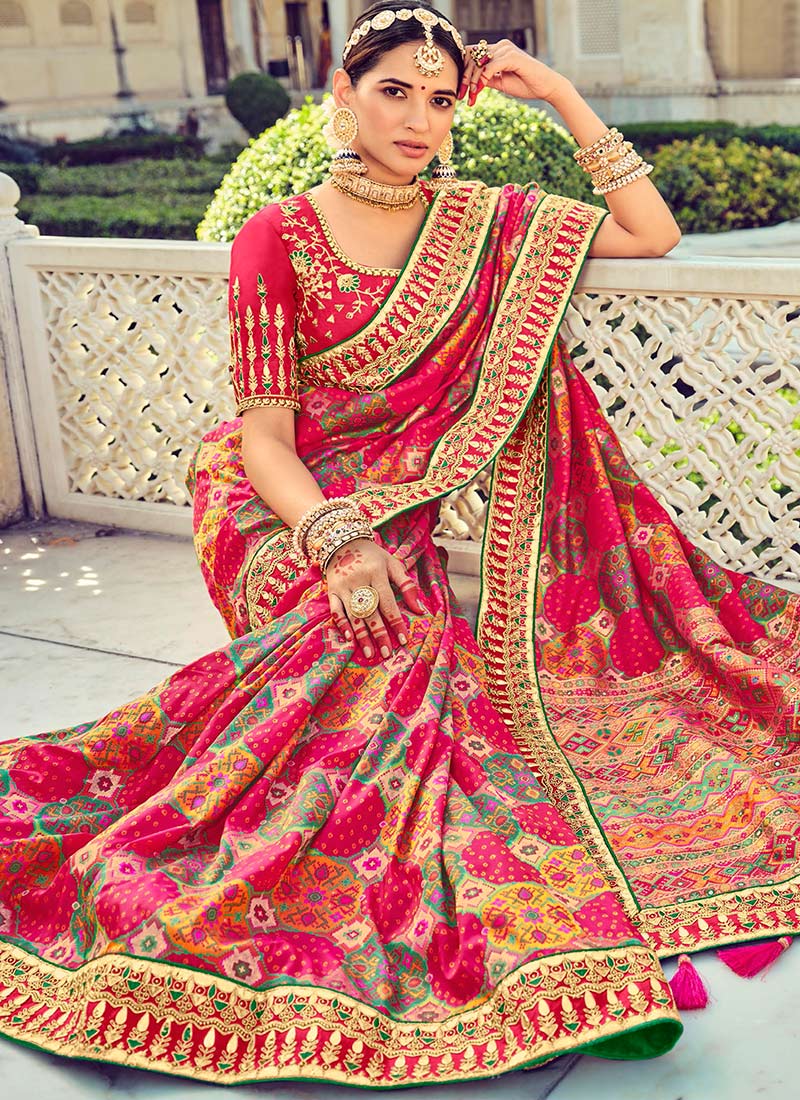 Red pure silk saree with heavy aanchal golden border and printed blouse (Unstitched)