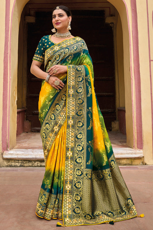 Yellow and Green pure silk saree with heavy aanchal golden border and printed blouse (Unstitched)