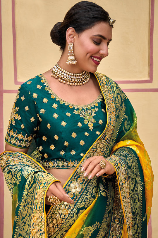 Yellow and Green pure silk saree with heavy aanchal golden border and printed blouse (Unstitched)