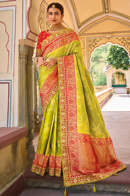 Parrot Green pure silk saree with heavy aanchal golden border and printed blouse (Unstitched)