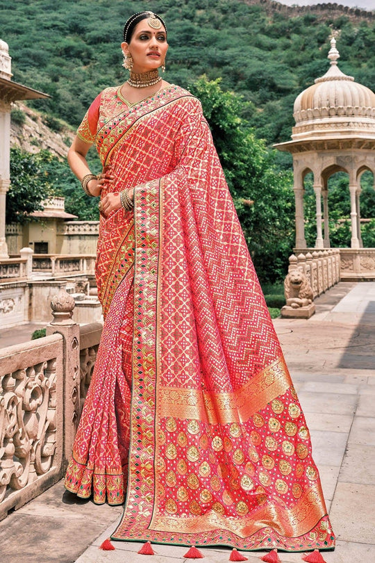 Red Patola pure silk saree with heavy aanchal Golden border and printed blouse (Unstitched)