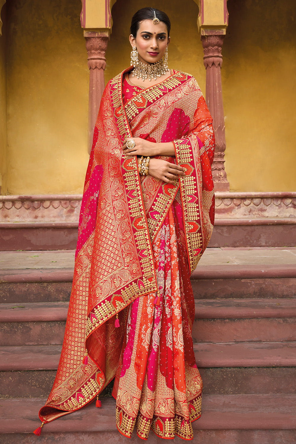 Red pure silk saree with heavy aanchal golden border and printed blouse (Unstitched)