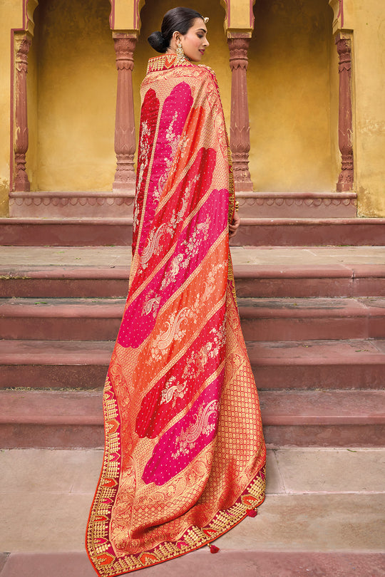 Red pure silk saree with heavy aanchal golden border and printed blouse (Unstitched)