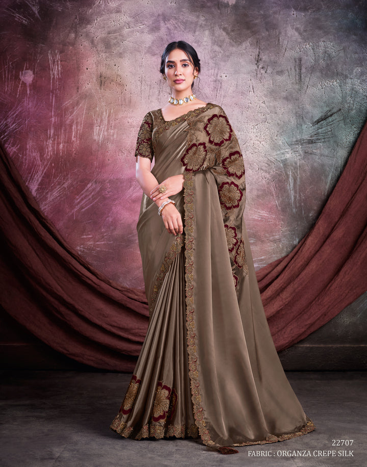 Copper pure silk saree with heavy aanchal with red and golden border and printed blouse (Unstitched)