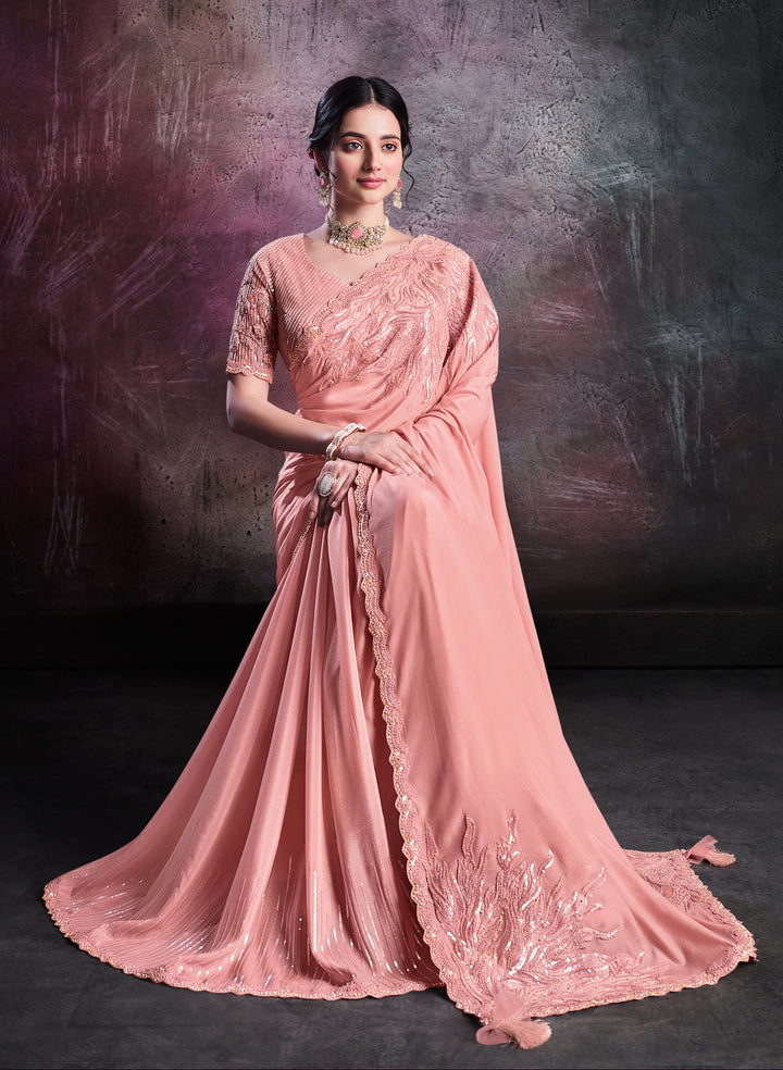 Peach pure silk saree with heavy aanchal golden border and printed blouse (Unstitched)