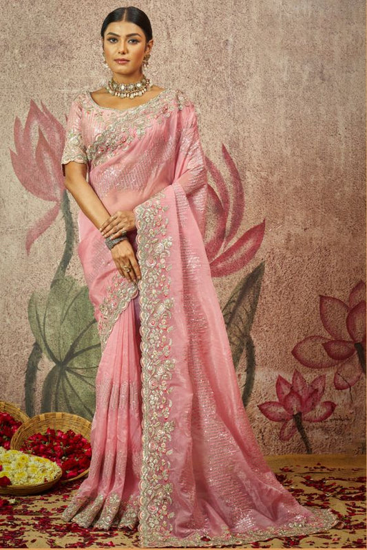 Baby Pink pure silk saree with heavy aanchal golden border and printed blouse (Unstitched)