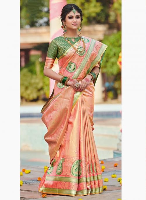 Light Orange pure silk saree with heavy aanchal golden border and printed blouse (Unstitched)