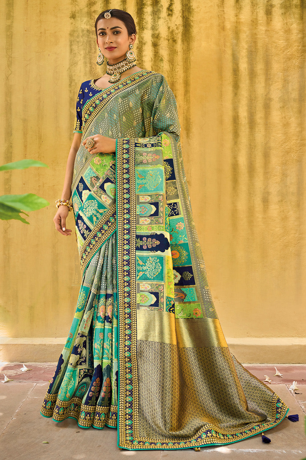 Light Green pure silk saree with heavy aanchal golden border and printed blouse (Unstitched)