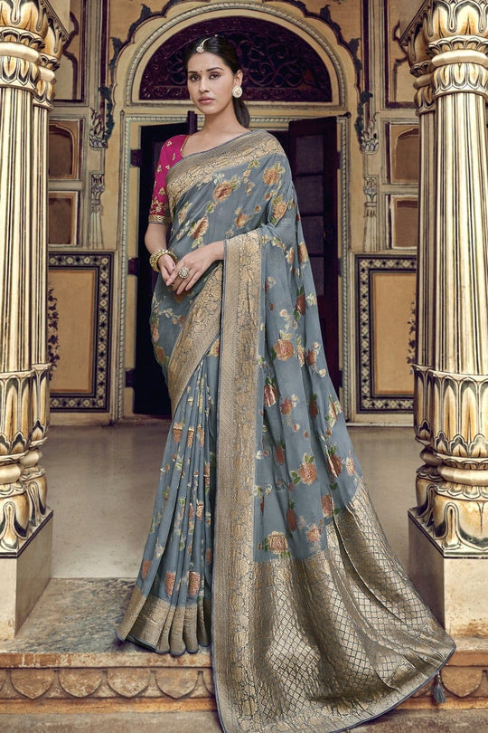 Grey pure silk saree with heavy aanchal golden border and printed blouse (Unstitched)