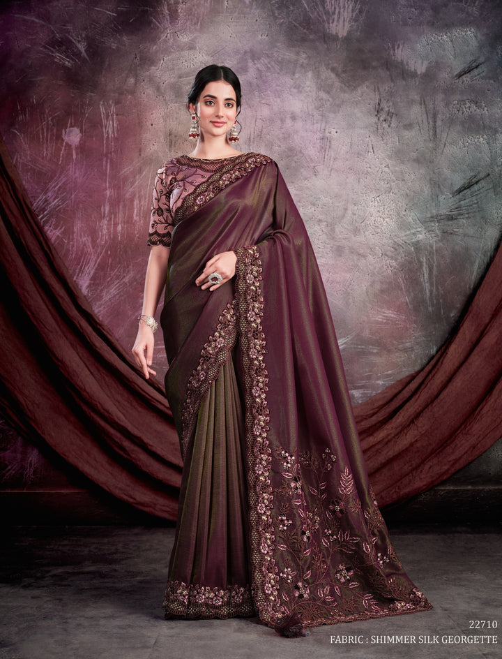 Marron pure silk saree with heavy aanchal golden border and printed blouse (Unstitched)