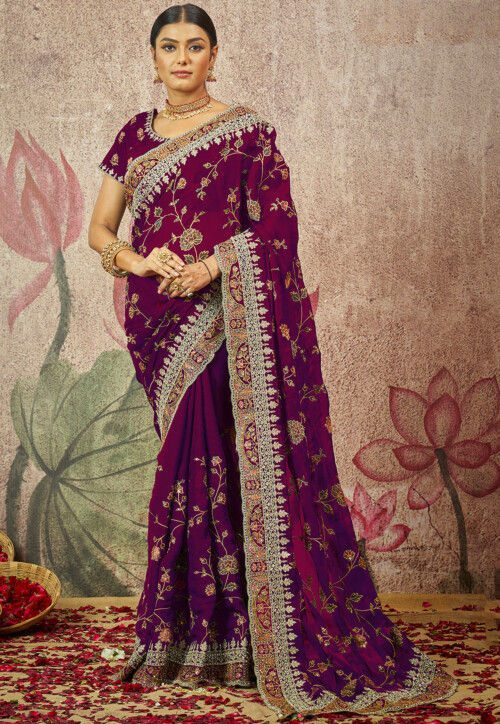 Purple pure silk saree with heavy aanchal golden border and printed blouse (Unstitched)